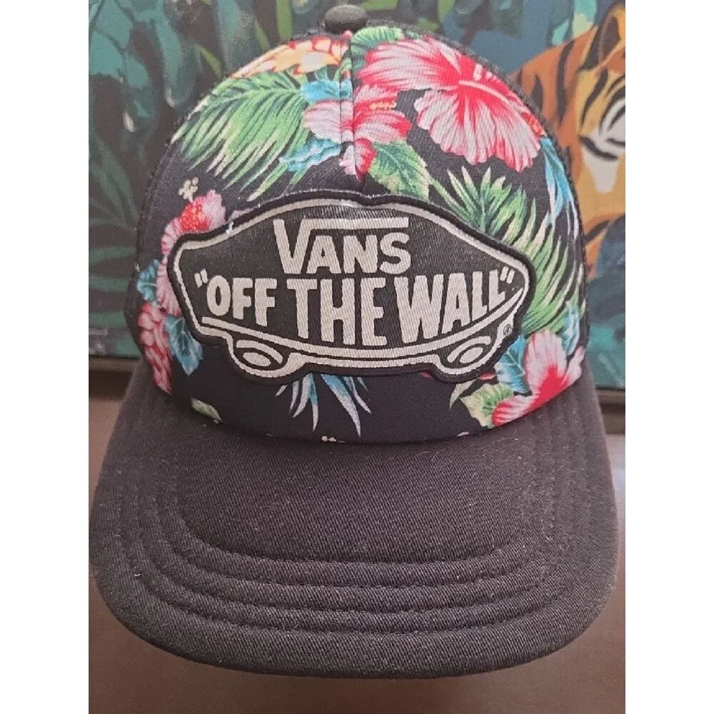 Vans Black Snapback Hat with Tropical Floral Panels